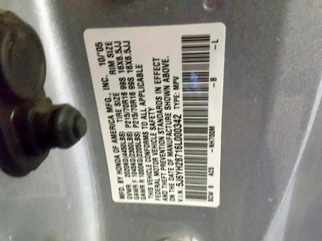 5J6YH28716L000342 - 2006 HONDA ELEMENT EX SILVER photo 10