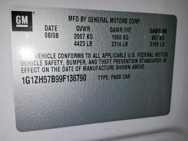 1G1ZH57B99F138790 - 2009 CHEVROLET MALIBU 1LT 白色 照片 10