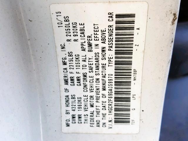 1HGCR2F69GA059970 - 2016 HONDA ACCORD SPO WHITE photo 10