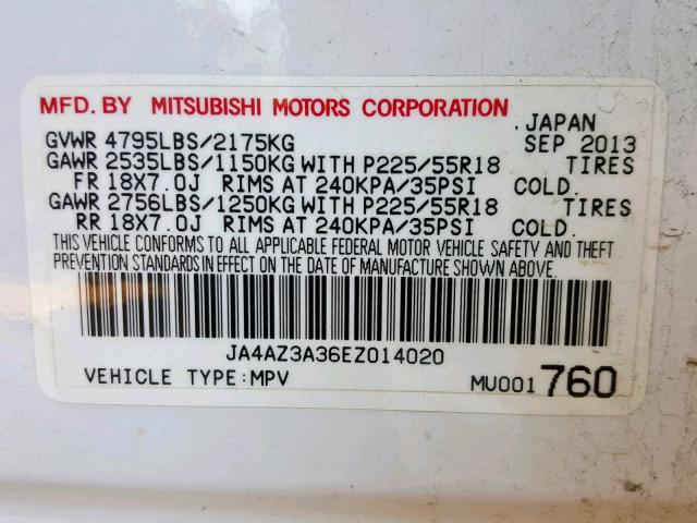 JA4AZ3A36EZ014020 - 2014 MITSUBISHI OUTLANDER WHITE photo 10