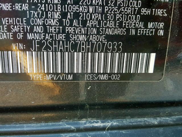 JF2SHAHC7BH707933 - 2011 SUBARU FORESTER L CHARCOAL photo 10