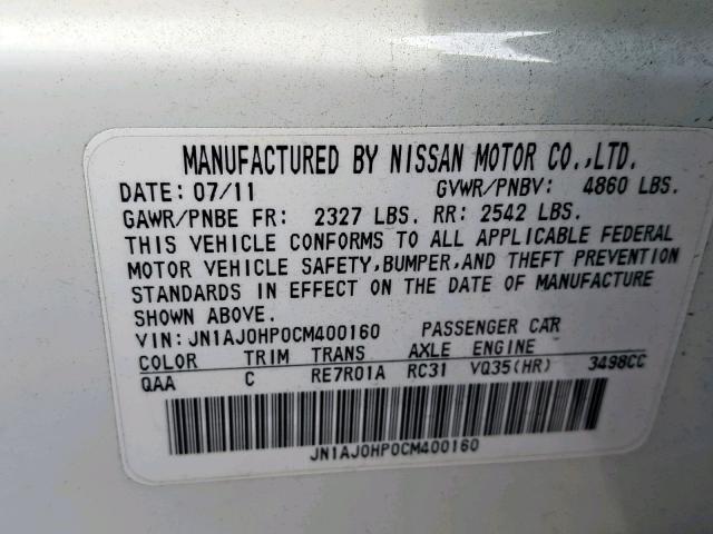 JN1AJ0HP0CM400160 - 2012 INFINITI EX35 BASE WHITE photo 10