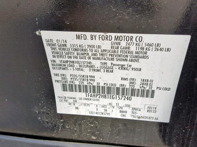 1FAHP2H81EG157240 - 2014 FORD TAURUS SEL BLACK photo 10