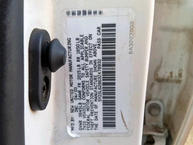 5Y2SL62863Z478932 - 2003 PONTIAC VIBE WHITE photo 10