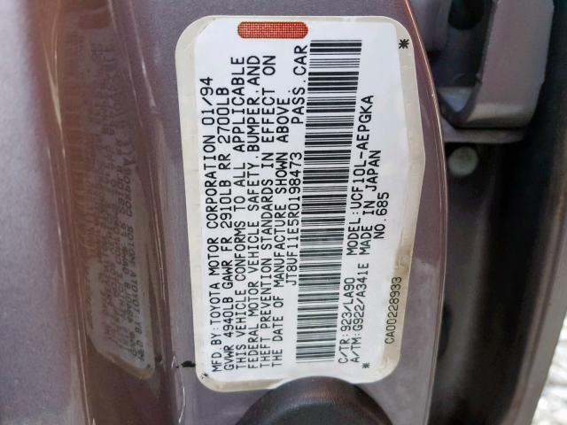 JT8UF11E5R0198473 - 1994 LEXUS LS 400 GRAY photo 10