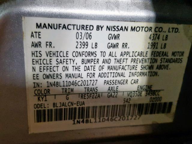 1N4BL11D46C201727 - 2006 NISSAN ALTIMA SE SILVER photo 10