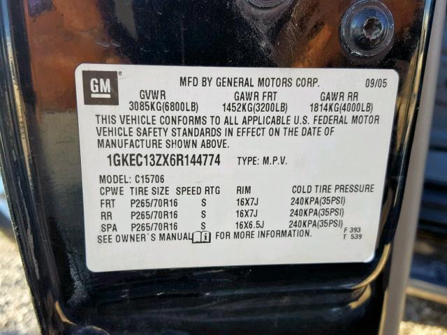 1GKEC13ZX6R144774 - 2006 GMC YUKON BLACK photo 10