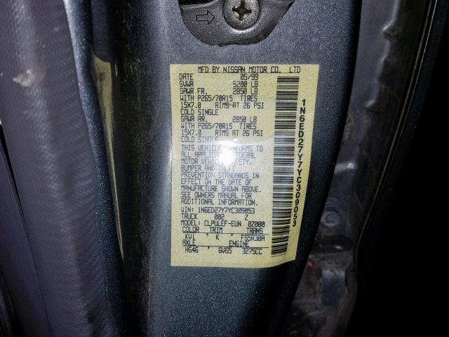 1N6ED27Y7YC309053 - 2000 NISSAN FRONTIER C GRAY photo 10