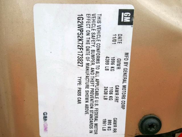 1G2WP52K72F173827 - 2002 PONTIAC GRAND PRIX GOLD photo 10