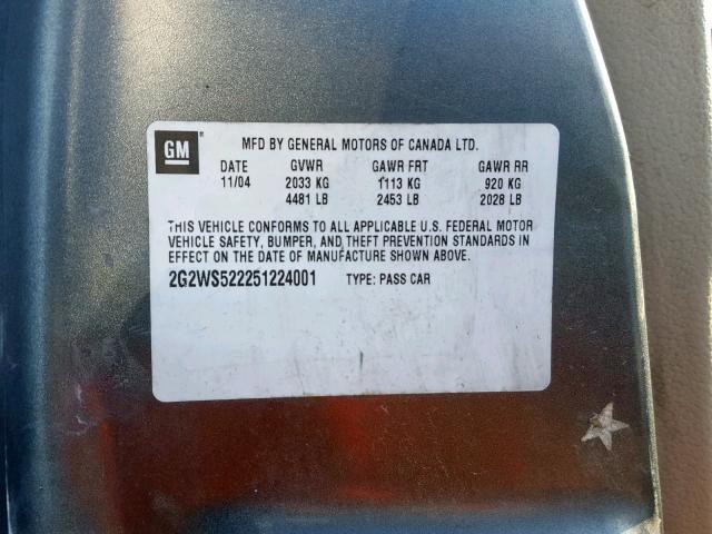 2G2WS522251224001 - 2005 PONTIAC GRAND PRIX CHARCOAL photo 10