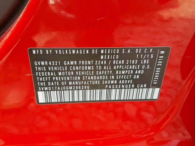 3VWD17AJ0GM286290 - 2016 VOLKSWAGEN JETTA SPOR RED photo 10