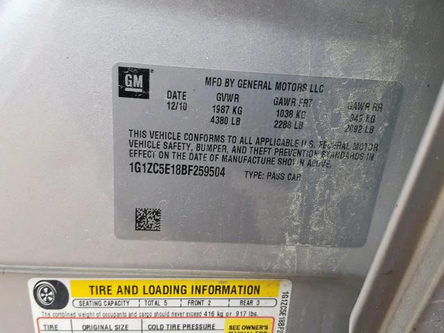 1G1ZC5E18BF259504 - 2011 CHEVROLET MALIBU 1LT SILVER photo 10