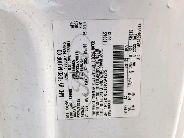 1FTYR10U15PA94275 - 2005 FORD RANGER WHITE photo 10