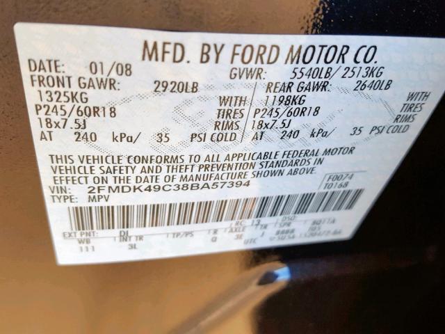 2FMDK49C38BA57394 - 2008 FORD EDGE LIMIT BLUE photo 10