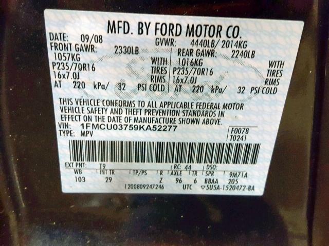 1FMCU03759KA52277 - 2009 FORD ESCAPE XLT GRAY photo 10