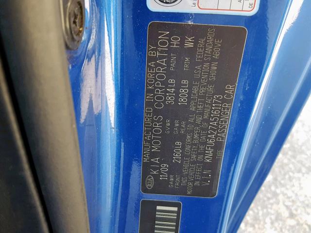 KNAFU6A27A5161173 - 2010 KIA FORTE EX BLUE photo 10