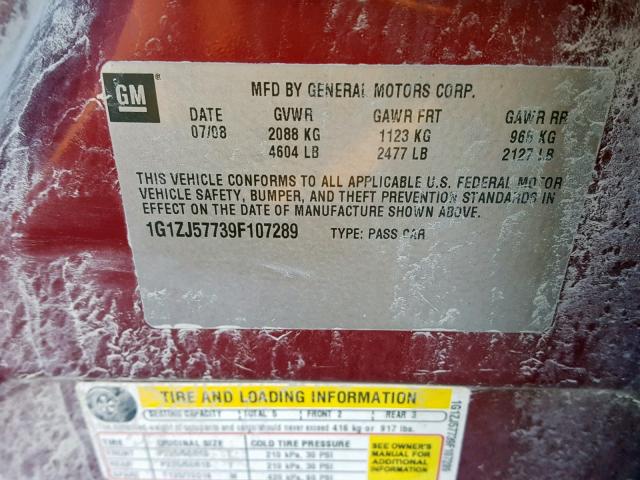 1G1ZJ57739F107289 - 2009 CHEVROLET MALIBU 2LT RED photo 10