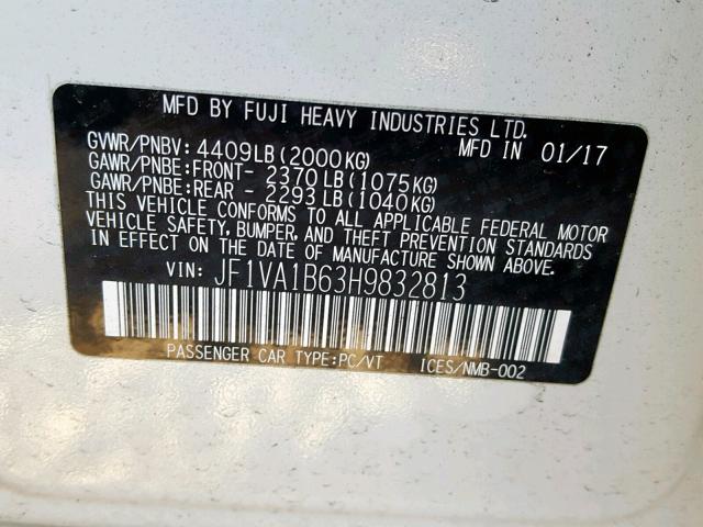 JF1VA1B63H9832813 - 2017 SUBARU WRX WHITE photo 10