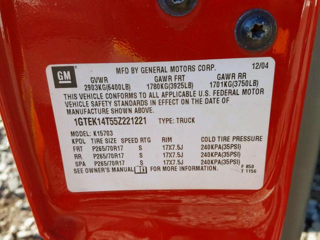 1GTEK14T55Z221221 - 2005 GMC NEW SIERRA RED photo 10