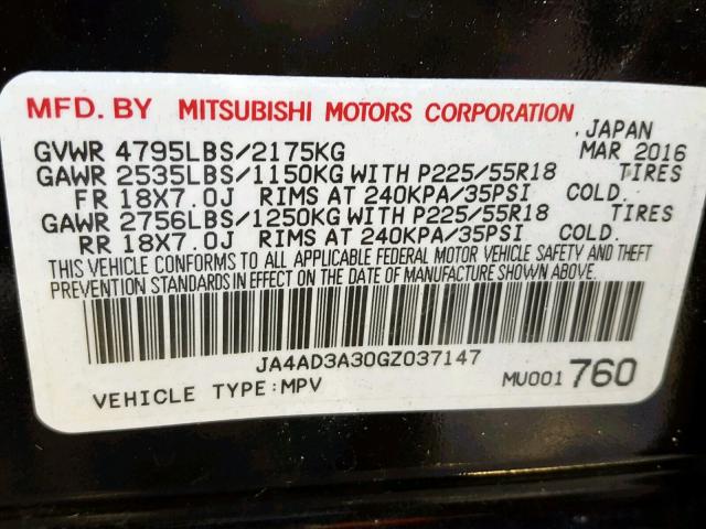 JA4AD3A30GZ037147 - 2016 MITSUBISHI OUTLANDER BLACK photo 10