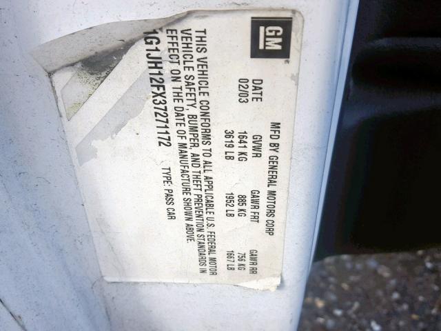 1G1JH12FX37271172 - 2003 CHEVROLET CAVALIER L WHITE photo 10