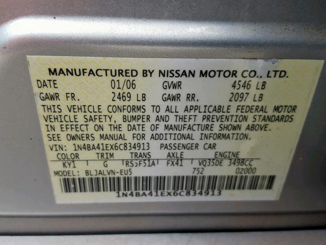 1N4BA41EX6C834913 - 2006 NISSAN MAXIMA SE SILVER photo 10