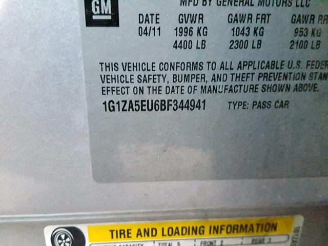 1G1ZA5EU6BF344941 - 2011 CHEVROLET MALIBU LS ვერცხლისფერი ფოტო 10