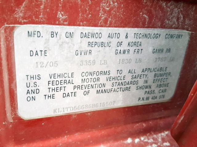 KL1TD56686B615507 - 2006 CHEVROLET AVEO BASE Марун фото 10