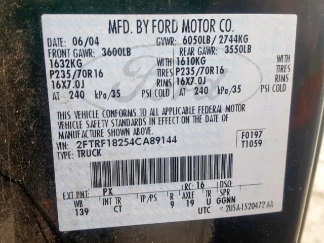 2FTRF18254CA89144 - 2004 FORD F-150 HERI GREEN photo 10