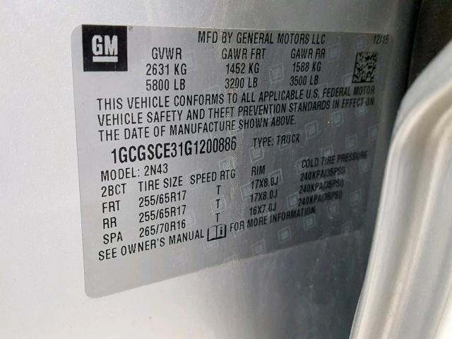 1GCGSCE31G1200886 - 2016 CHEVROLET COLORADO L SILVER photo 10