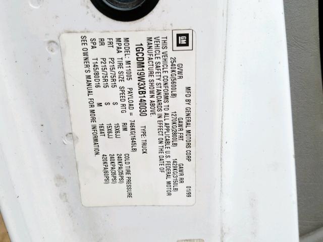 1GCDM19W3XB140030 - 1999 CHEVROLET ASTRO WHITE photo 10