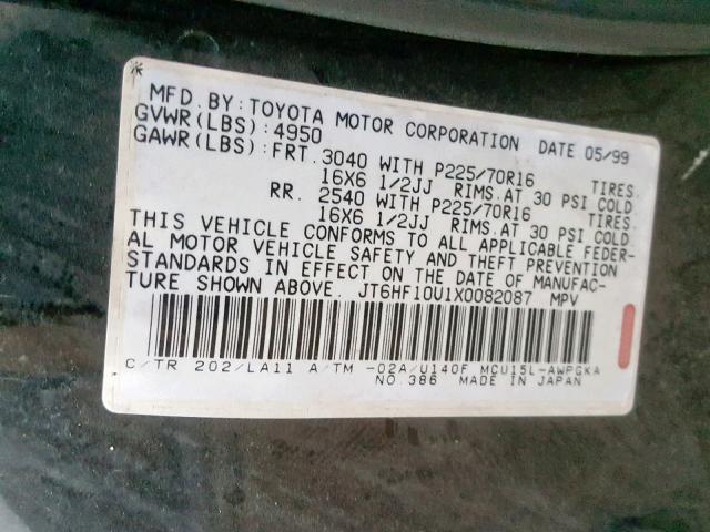 JT6HF10U1X0082087 - 1999 LEXUS RX 300 BLACK photo 10