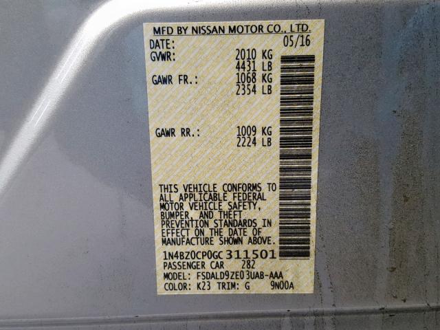 1N4BZ0CP0GC311501 - 2016 NISSAN LEAF SV SILVER photo 10