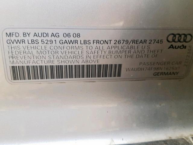 WAUDH74F98N162531 - 2008 AUDI A6 3.2 QUA SILVER photo 10