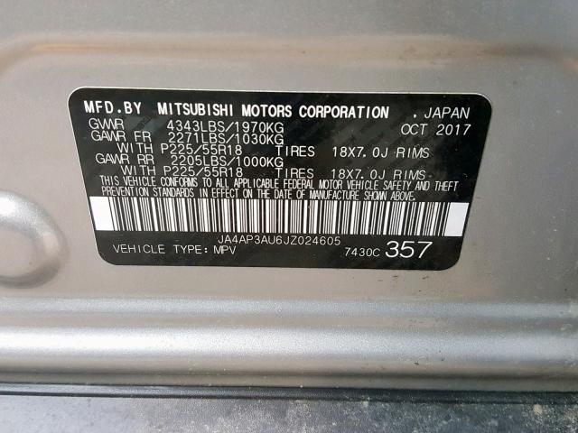 JA4AP3AU6JZ024605 - 2018 MITSUBISHI OUTLANDER SILVER photo 10