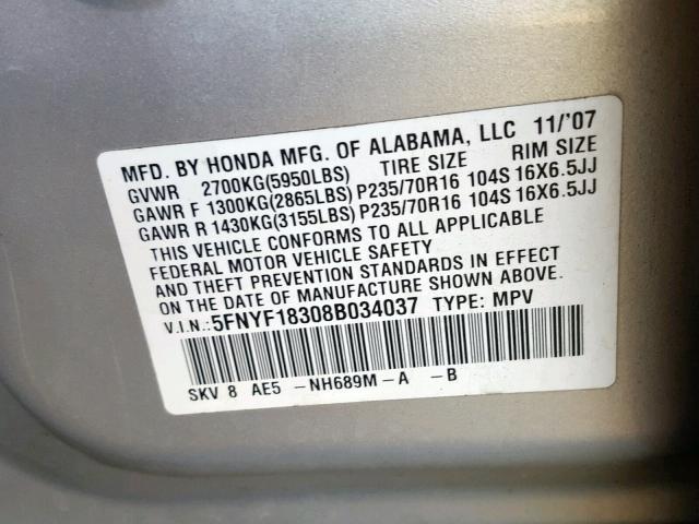 5FNYF18308B034037 - 2008 HONDA PILOT SE SILVER photo 10