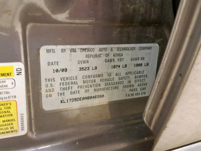 KL1TD5DE0AB046980 - 2010 CHEVROLET AVEO LS GRAY photo 10