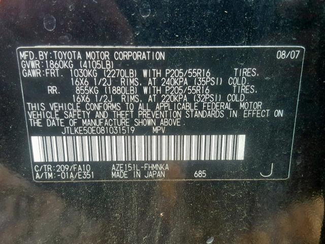 JTLKE50E081031519 - 2008 TOYOTA SCION XB Qara foto 10