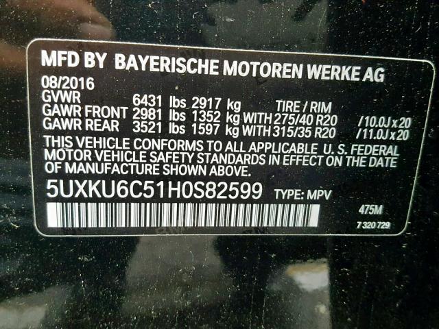 5UXKU6C51H0S82599 - 2017 BMW X6 XDRIVE5 BLACK photo 10