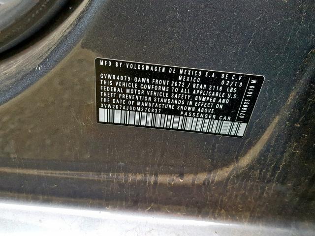 3VW2K7AJ6DM270837 - 2013 VOLKSWAGEN JETTA BASE GRAY photo 10