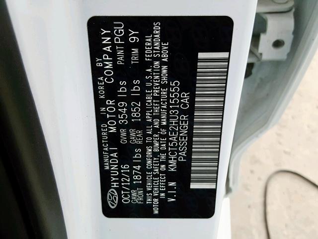 KMHCT5AE2HU315555 - 2017 HYUNDAI ACCENT SE WHITE photo 10