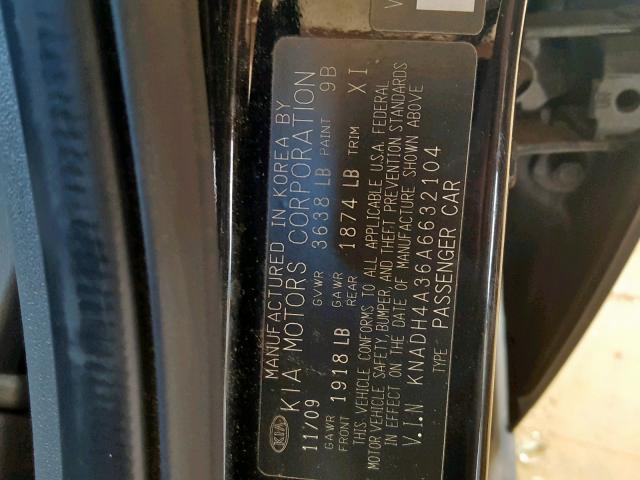 KNADH4A36A6632104 - 2010 KIA RIO LX BLACK photo 10