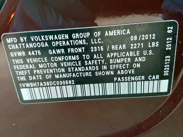 1VWBH7A38DC030562 - 2013 VOLKSWAGEN PASSAT SE MAROON photo 10