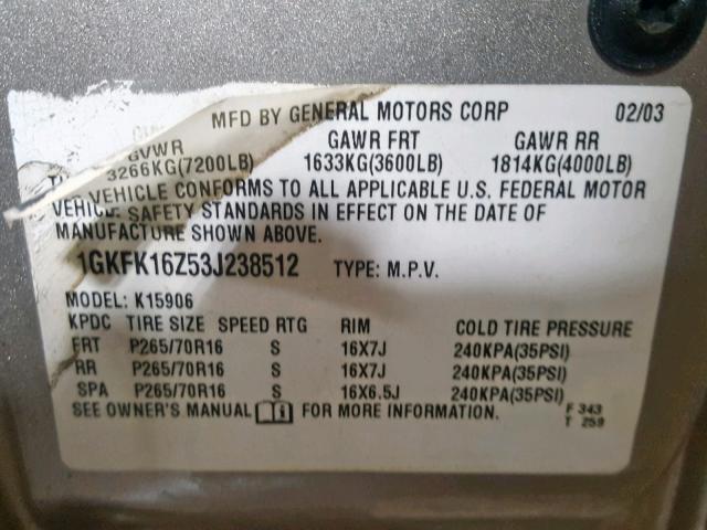 1GKFK16Z53J238512 - 2003 GMC YUKON XL K TAN photo 10