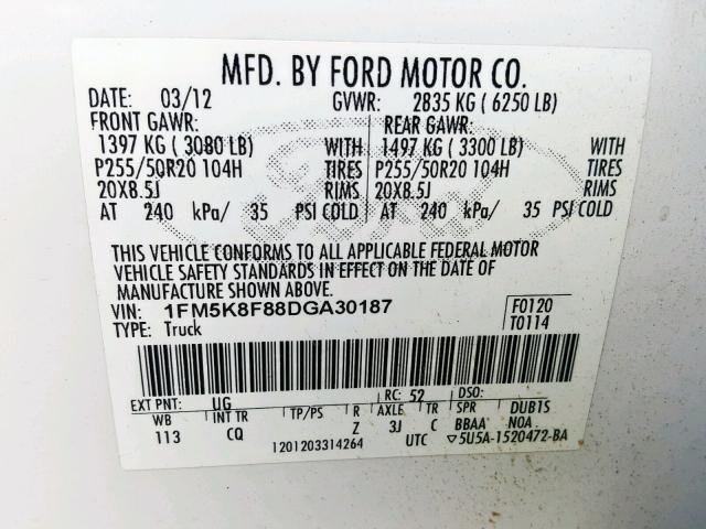 1FM5K8F88DGA30187 - 2013 FORD EXPLORER L WHITE photo 10