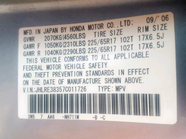 JHLRE38357C011726 - 2007 HONDA CR-V LX SILVER photo 10