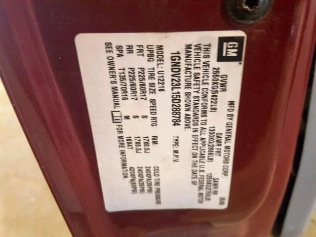 1GNDV23L15D288784 - 2005 CHEVROLET UPLANDER L BURGUNDY photo 10