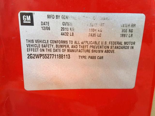 2G2WP552771188113 - 2007 PONTIAC GRAND PRIX წითელი ფოტო 10