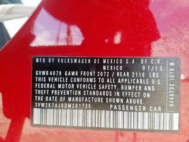 3VW2K7AJ8DM261735 - 2013 VOLKSWAGEN JETTA BASE 银色 照片 10