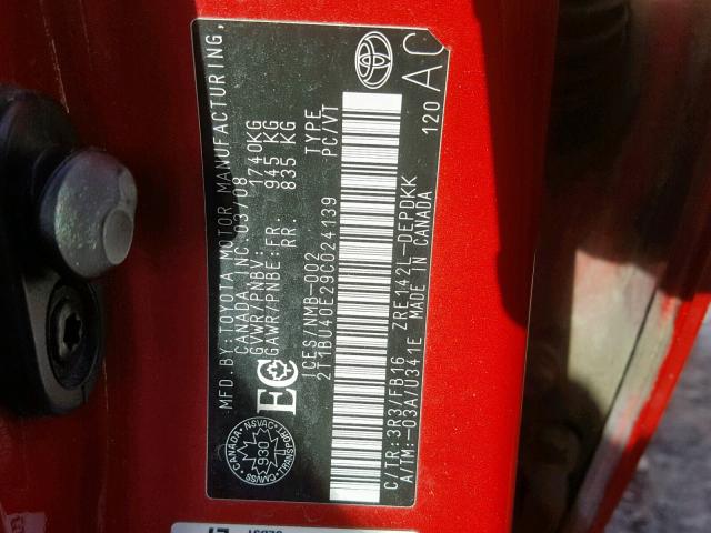 2T1BU40E29C024139 - 2009 TOYOTA COROLLA BA RED photo 10